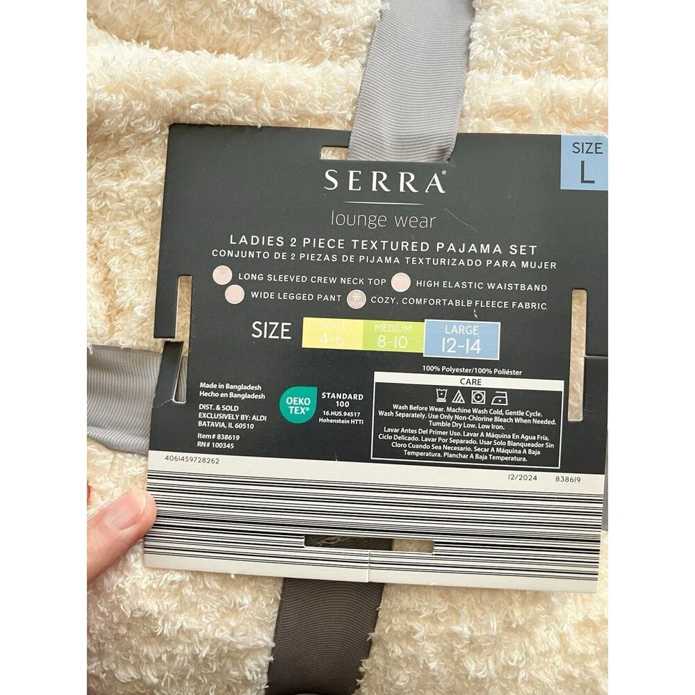 New Serra White Ivory Cream Set L Long Sleeve Top Wide Leg Pant Fuzzy Cozy PJ